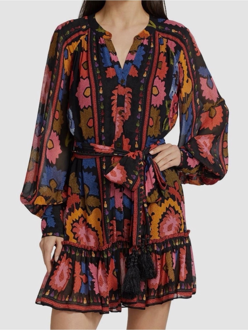 Farm Rio Long Sleeve Shirtdress Tassel Tropical